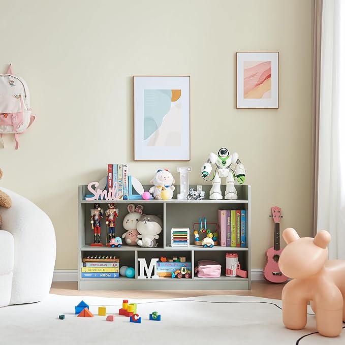 Kids Toy Storage Organizer, 5-Section Bookshelf for Organizing Books Toys, Wooden Storage Cabinet Daycare Furniture for School, Classroom Playroom, Nursery, Kindergarten (Grey)