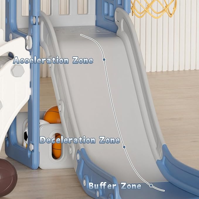 YUFU 5 in 1 Toddler Slide, Kids Slide with Climber, Basketball Hoop and Ball, Outdoor Indoor Playset for Toddlers Age 1-3 (Blue+Gray)