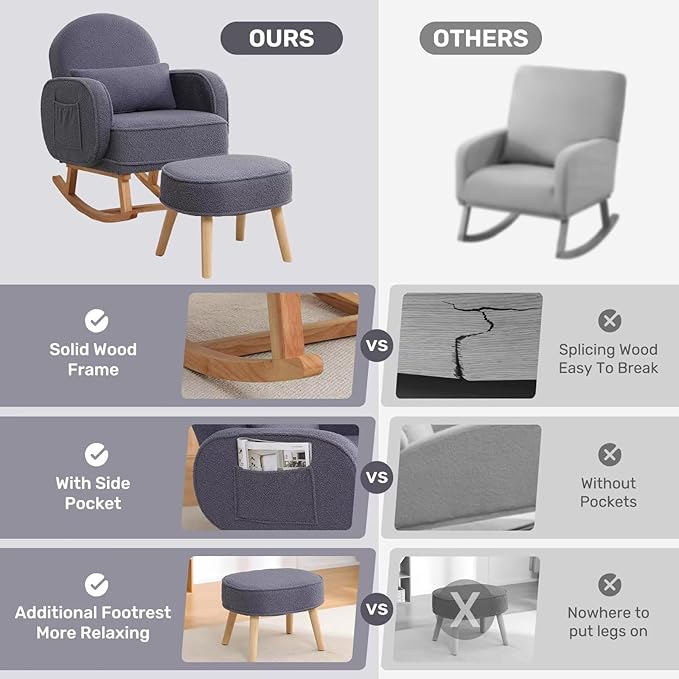 Nursery Rocking Chair with Ottoman, Upholstered Glider Rocker with High Backrest and Side Pocket, Rocking Accent Armchair with Solid Wood Legs for Nursery, Living Room, Bedroom Dark Grey
