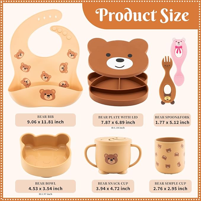 Silicone Baby Feeding Set 7 Pcs, Baby Led Weaning Supplies, Baby Feeding Supplies Set BPA Free, Baby Essentials for Newborn Gift Bear