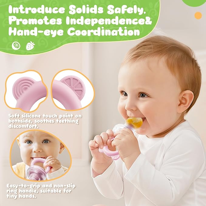 Bear Baby Fruit Food Feeder & Mini Freezer Nibble Tray Combo, 2 Pack Breastmilk Popsicle Molds for Baby Teething Relief, BPA Free Silicone Feeder for Safe Infant Self Feeding, Dishwasher Safe