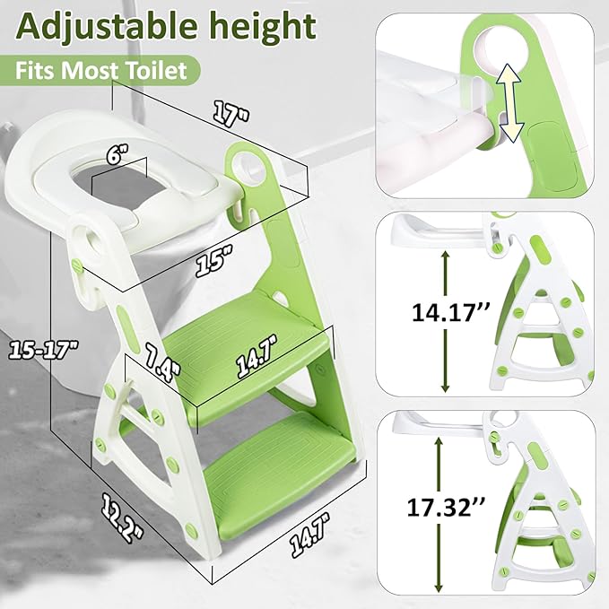 Primlect Potty Training Seat, 2-in-1 Toddler Toilet Seat with Step Stool, Ultra-Stable Potty Chair Attachment, Adjustable Seat and Step Ladder, Non-Slip Design, Splash Guard for Boys and Girls(Green)