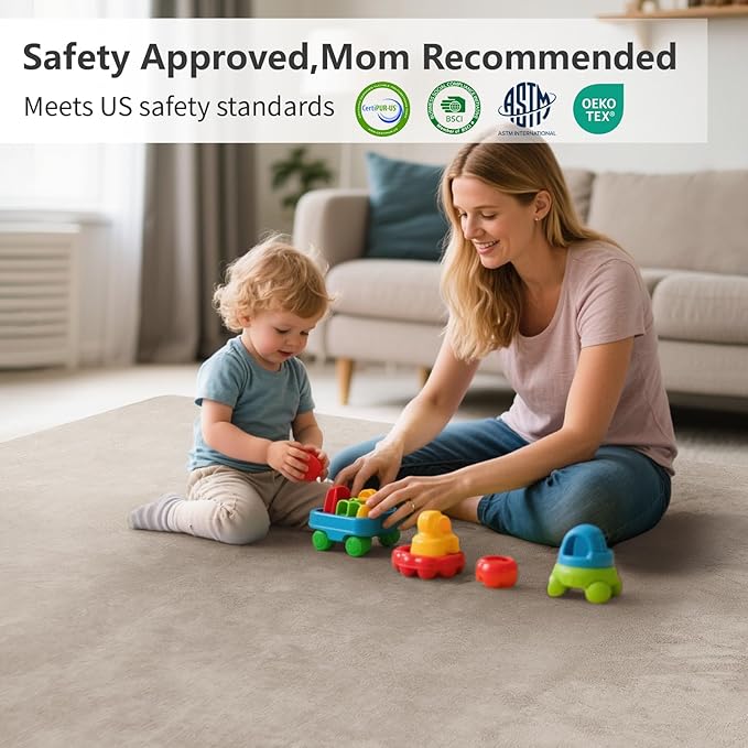 Baby Play Mat for Floor,Extra Large 59"×71" Tummy Time Mat,Thicker Memory Foam Mat for Toddler,Infant,Kids,Water Repellent Ultra Soft Coral Velvet,Non-Slip Backing Safe for Crawling(Beige)