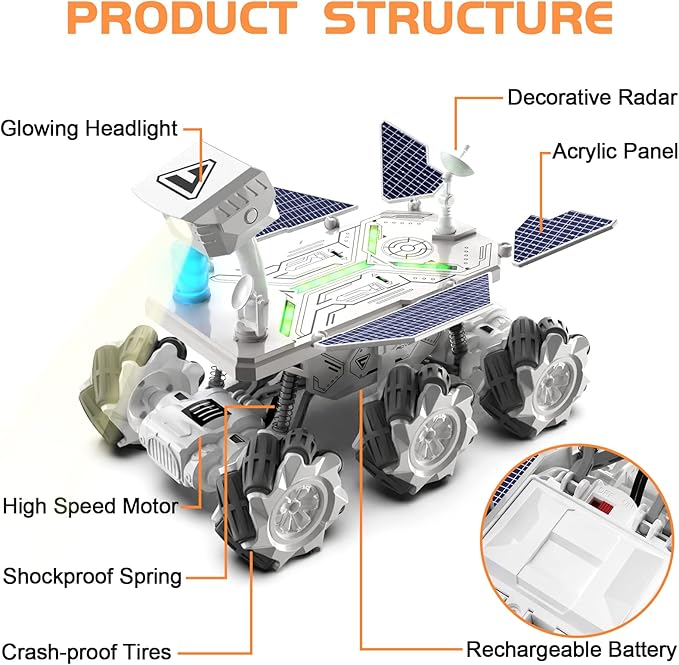 Mars Rover Remote Control Car for Boys 4-7, Space Explorers Toys RC Cars for Boys Age 8-12, Moon Rover with 2.4Ghz Remote Control, Astronaut Model, 6 Laterally Movable Wheels, Rechargeable