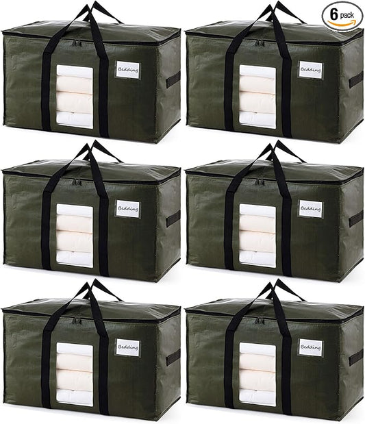 TAILI 6 Pack Green Extra Large Moving Bags, Heavy Duty Totes with Visible Window, Wrap Around Handles, Space-Saving Storage, Alternative to Moving Boxes