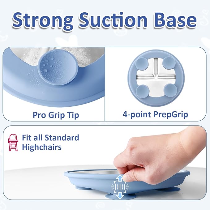 Stainless Steel Suction Plates for Toddlers, 9" Divided Kids Baby Plates with Removable Silicone Suction, Non Toxic Non Slip Portion Control Snack Dishes 4 Packs, Blue Green Purple Beige