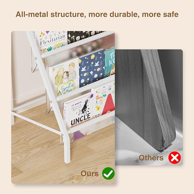 High-Transparent 4 Tier Kids Bookshelf, Sturdy Metal Large Size Book Rack Storage for Kids - Toddler Book Shelf Display for Nurasery, Kids Room, Deep Size Bookshelf Hold More Books