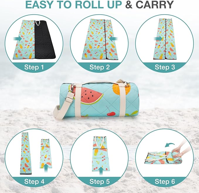 Picnic Blanket Extra Large 79" x 79", Washable Picnic Blankets, Camping Blanket with Portable Handle & Shoulder Strap - SummerFruits