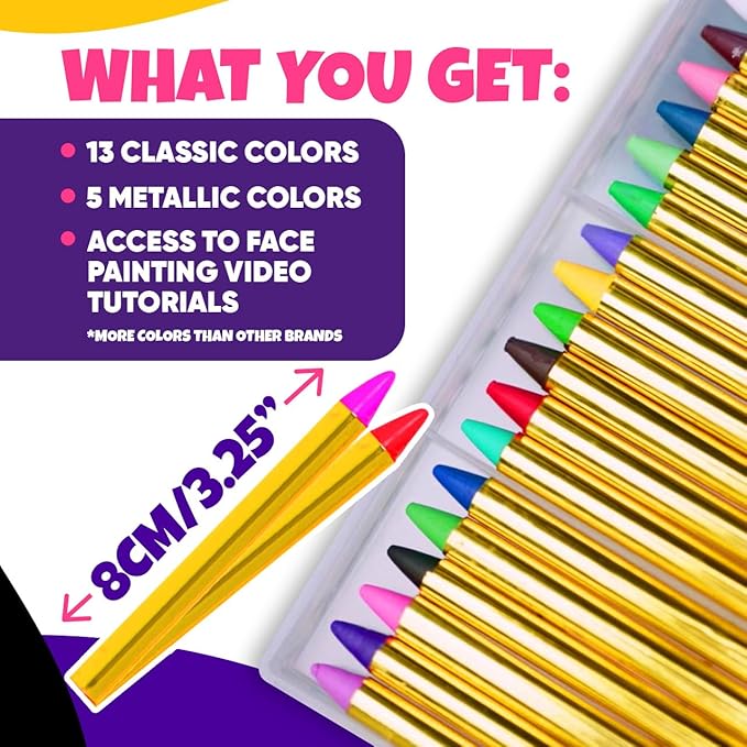 Blue Squid Face Paint Kit & Body Crayon Sticks Bundle - 18-color Face Painting Kit for Kids & 18 XL Crayons & Markers for Skin with 18x Stencils, Brushes, and Design Book, Ideal for Toddlers & Parties