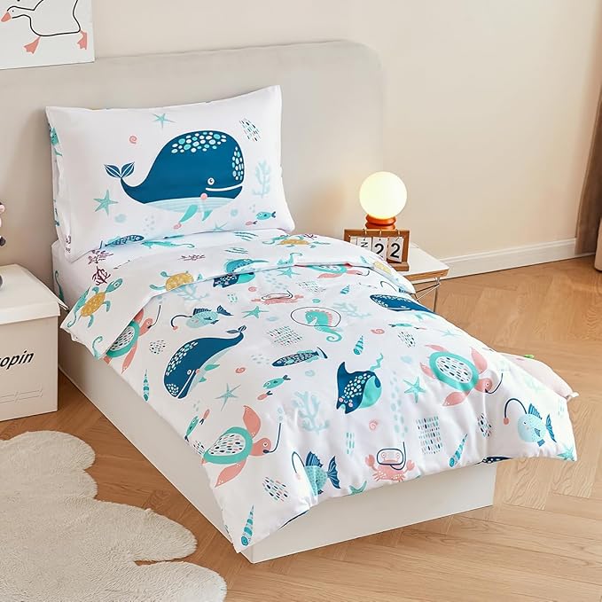 PERFEMET 4 Pcs Toddler Bedding Set Ocean Themed Toddler Comforter for Girl Soft Reversible Under Sea Animals White Toddler Bed in A Bag for Boys Girls(White, Whales)