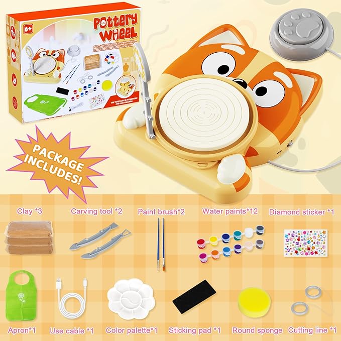 Pottery Wheel for Kids - Complete Pottery Tools Kit for Beginners, Arts and Crafts for Kids Ages 8-12 with 3 Pack Air Dry Clay, Mini Clay Making Pottery Wheel with Foot Pedal (Dog, Patented)