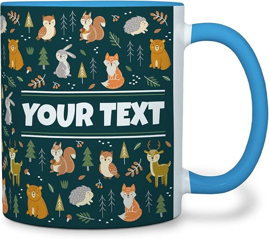 Personalized Mug for Kids - Woodland Animals - Custom Name/Text, Ceramic Hot Chocolate/Coffee Cup for Boys/Girls, Birthday/Christmas/Holiday Gift - 11 oz, Light Blue Handle
