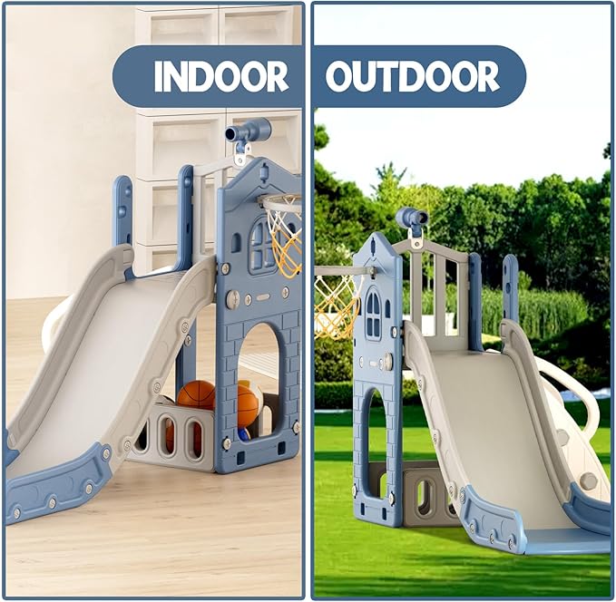 YUFU 5 in 1 Toddler Slide, Kids Slide with Climber, Basketball Hoop and Ball, Outdoor Indoor Playset for Toddlers Age 1-3 (Blue+Gray)