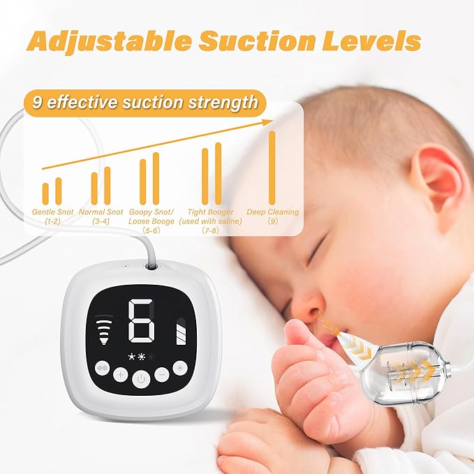 TopQuaFocus Electric Baby Nasal Aspirator, Nose Sucker for Toddler, 9 Levels Suction Power for Children's Nasal Cleans, Soothing Night Light and Nursery Rhyme, 5 Silicone Tips
