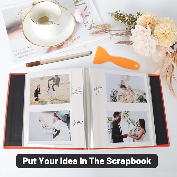 RECUTMS Photo Album Self Adhesive Magnetic Scrapbook 4x6 5x7 8x10 Pictures Scrapbook Album, 40 Pages Photo Book for DIY Baby Family Wedding with Metal Pen and Plastic Board (Orange)