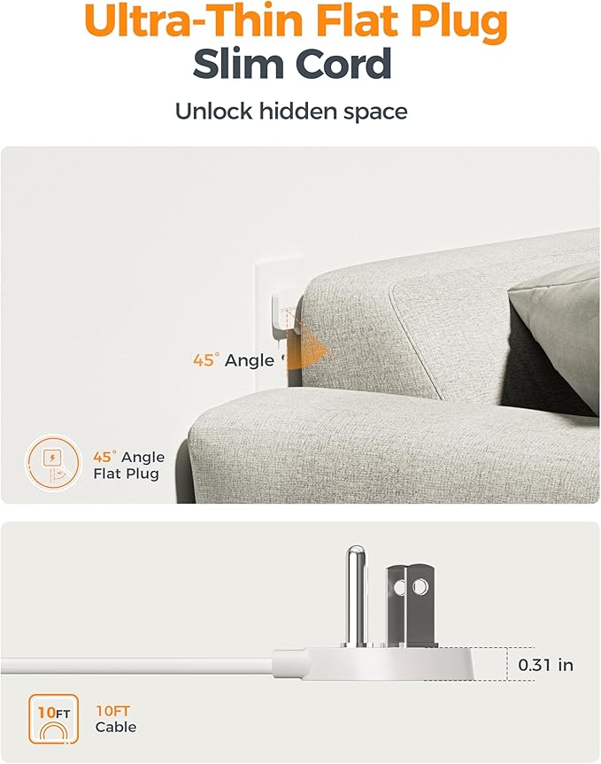 Flat Plug Extension Cord 10 FT, TESSAN Surge Protector Power Strip with 4 AC Outlets 1 USB C and 2 USB A Ports, 900 Joules Protection, Multiple Wall Outlet Extender Suitable for Home Office Dorm