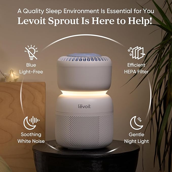 LEVOIT Air Purifier for Baby with White Noise Sound Machine and Blue-Light-Free Night Light in Bedroom, HEPA Filter Removes Ultrafine Particle, AHAM VERIFIDE, 5 Air Quality Monitor, Smart WiFi, Sprout