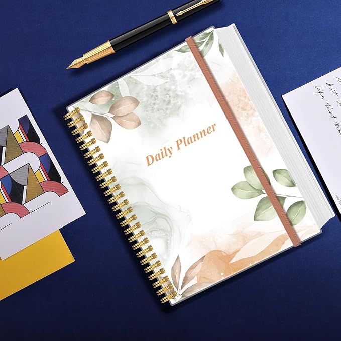 Daily Planner Undated - 8.5" x 11" To Do List Notebook Hourly Schedules, 150 Sheets/300 Pages Spiral Appointment Planner for Women and Men,PVC Hardcover, Inner Pocket, Elastic Closure, Rose Leaf