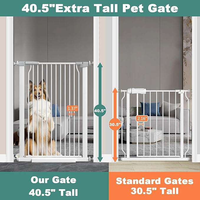 40.5" Extra Tall Baby Gate, 57.5"-60.2" Extra Wide Long Dog Pet Gate Indoor, Adjustable Safety Child Gate No Drill, Metal Auto Close Pet Proof Tall Gate for Stairs Doorway Kids, White