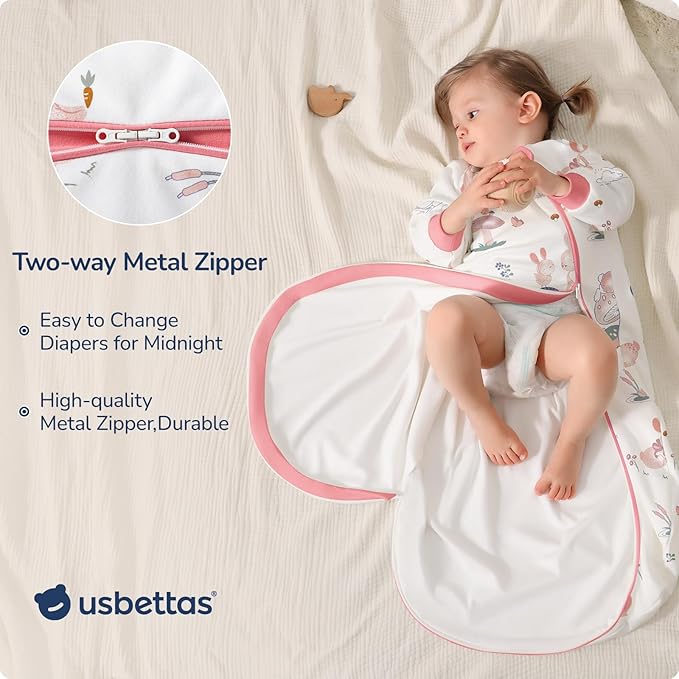 Baby Sleep Sack 6-12 Months, Cotton Detachable Long Sleeve Sleep Sack, 1.0 Tog Toddler Sleeping Sack with Temperature Strips, 2-Way Zipper Wearable Blankets for Newborns, Bunny