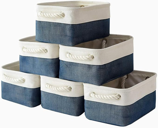 Storage Basket for Organizing - 12x8x5.2 inch Small 6 Pack Fabric Storage Bin Collapsible Baskets for Shelves with Rope, Storage Box for Cloth Decorative Laundry Canvas(White & Blue)