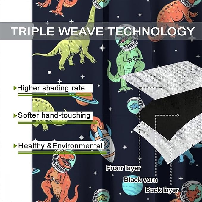 Cartoon Dinosaur Curtains for Kids Boys Girls Home Decor, Astronaut Rocket Funny Outer Space Blackout Rod Pocket Window Drapes for Bedroom Living Room W26xL84in 2 Panels