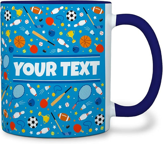 Personalized Mug for Kids - Sports - Custom Name/Text, Ceramic Hot Chocolate/Cocoa/Coffee Cup for Boys/Girls, Birthday/Christmas/Holiday Gift - 11 oz, Navy Blue Handle