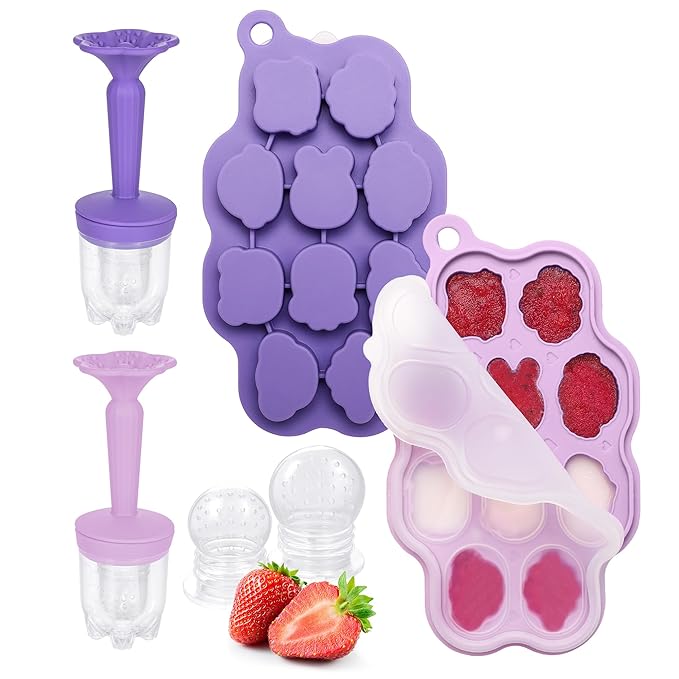 KingKam Baby Breastmilk Popsicle Molds & Baby Fruit Feeder Combo (2 Pack), Breastmilk Popsicle Molds for Teething Relief, BPA Free Silicone Feeder Teether Pops for Babies Infant Self Feeding, 4m+