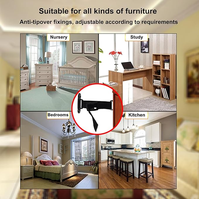 Anti Tip Furniture Anchors (2 Sets),Heavy Duty Furniture Wall Anchor,Adjustable Earthquake Straps,Furniture Anchors for Baby Proofing,Black