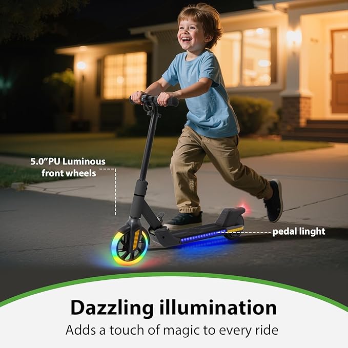 Electric Scooter for Kids Ages 6-12， Max Speed 6.5MPH, max Range 6Miles， with Acceleration Throttle and Electronic Brake， Foldable and Height Adjustable Kids Electric Scooter