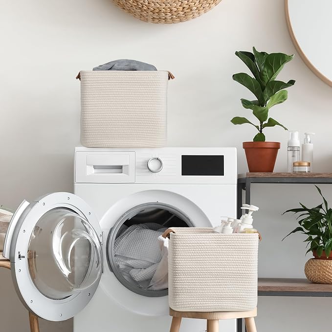 danpinera Set of 3 11 Inch Storage Baskets, Cube Storage Bins, White Woven Baskets with Stable Leather Handles, Square Cotton Rope Bins for any Room, Easy to Recover