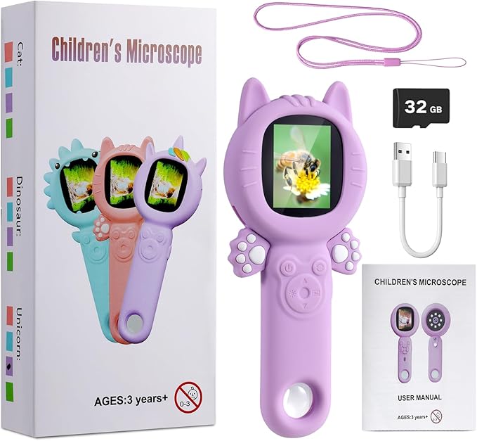 Kids Microscope–500X Digital Pocket Handheld Microscope with Dual Cameras, Autofocus & 32GB Card STEM Educational Toy & Christmas Birthday Gift for Boys & Girls Ages 3 4 5 6 7 8 9 10(Pink)