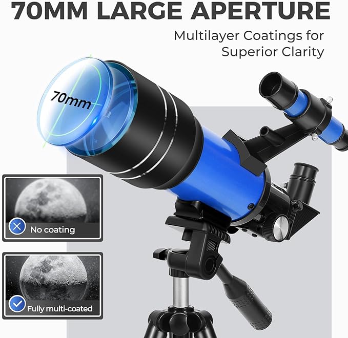 ESAKO Telescope for Kids & Beginners, 70mm Aperture Portable Telescopes with 3 Eyepieces, Height Adjustable Tripod & Phone Adapter & Remote Control