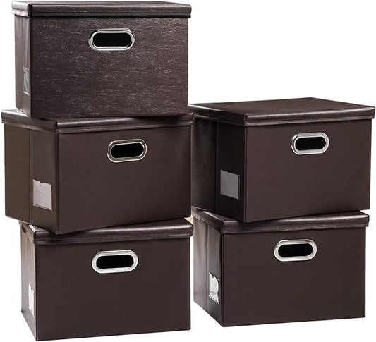 PRANDOM Foldable Storage Bins with Lids [5-Pack] Leather Fabric Collapsible Storage Boxes Organizer Containers Baskets Cube with Cover for Bedroom Closet Office Nursery Brown (14.9x10.8x10)