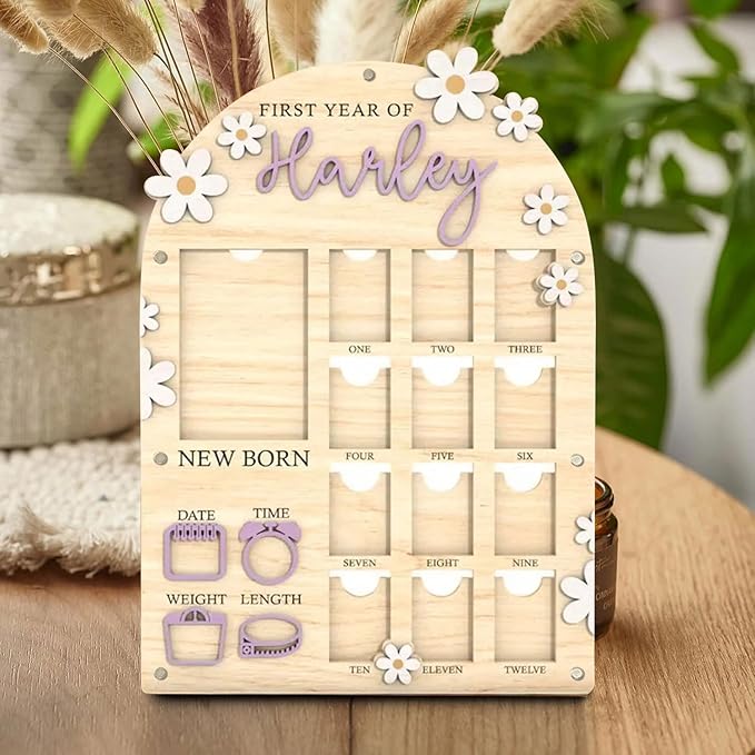 Personalized My First Year Photo Frame | 12 Months Picture Frame For Baby First Year | Displays One 4x6 Photo and Twelve 2x3 Pictures | Birthday Party Decor Newborn Memory Keepsake, Daisy Florals