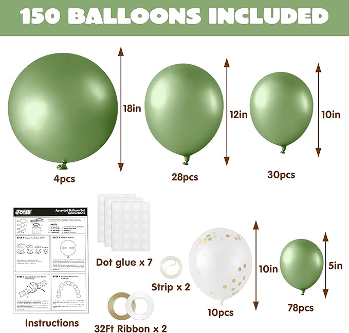 JOYIN 150 Pcs Sage Green Balloons, Different Sizes 18 12 10 5 Inch Sage Green Latex Balloon Arch Kit with Instruction for Birthday Party Graduation Wedding Holiday Decoration