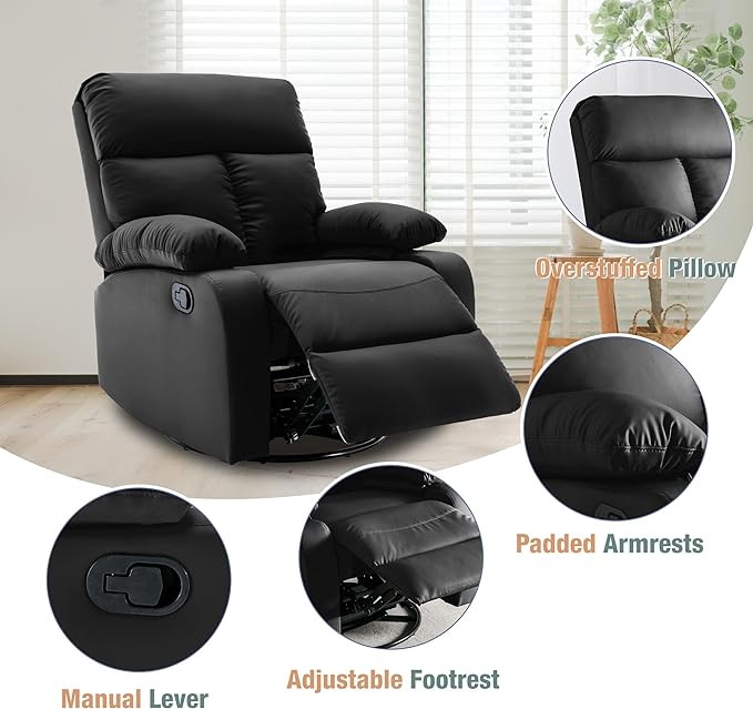 Swivel Rocker Recliner, Rocking Recliners Chair for Small Spaces, Small Rocker Recliner Chair, Nursery Rocking Chairs for Living Room, RV, Nursery, Black