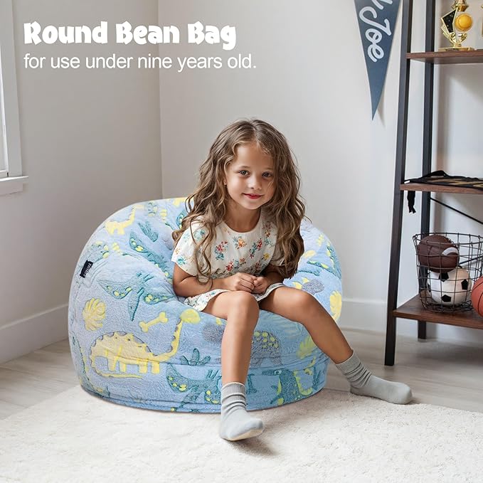 Bean Bag Chair for Kids, Toddler Beanbag Bed Unicorn, Convertible Children Bean Chair to Floor Mattress with Filler, Stuffed Child Bean Bags for Girl Boy Sleeping, Blue Dino