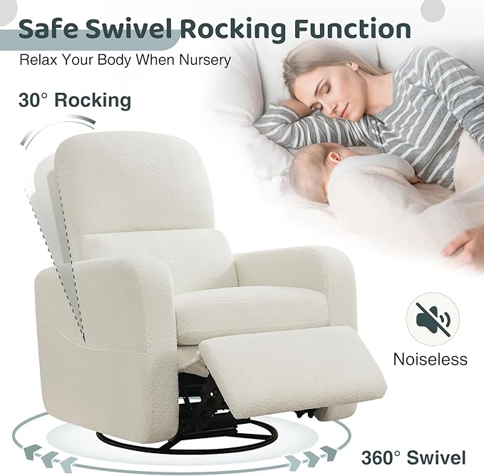 Swivel Rocker Recliner, Oversized Boucle Glider Recliner Nursery, Manual Swivel Rocking Reclining Chairs with Removable Cushion and Lumbar Support for Nursery Living Room Bedroom, Teddy White