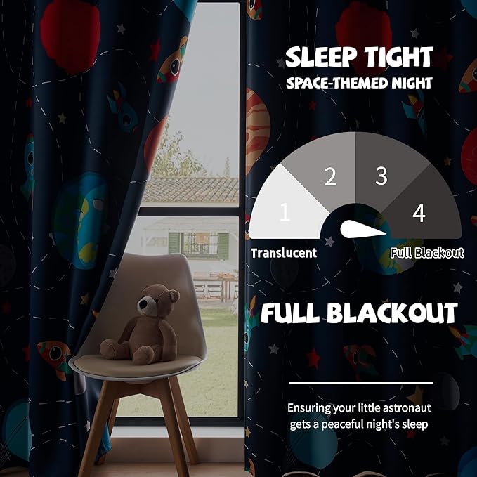 Kids Space Themed Blackout Curtains - 100% Blackout, Perfect for Bedroom and Nursery with Vibrant Cosmos Patterns, Noise Reduction, Thermal Insulated, 2 Panels (Space, W42×L96)