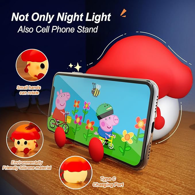 Mushroom Night Light for Kids, Cute Silicone Night Light, 7 Adjustable Color Breathing Mushroom Lamp, Rechargeable USB LED Touch Light for Children's Room Decor, Christmas Birthday Gift (Red)