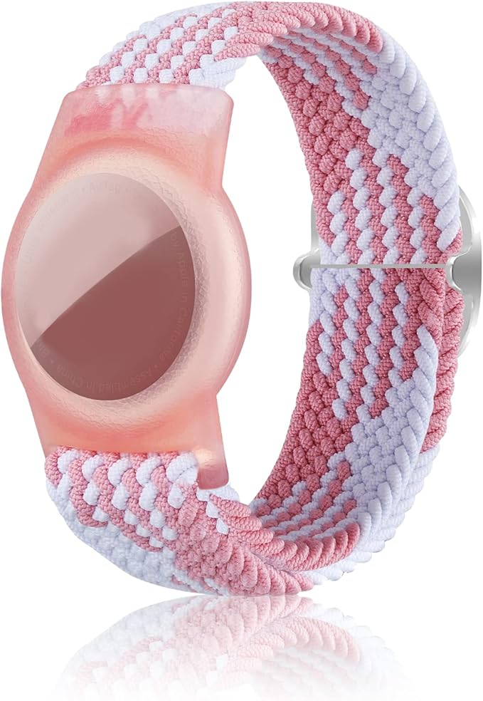 Kids Bracelet Compatible with AirTag, GPS Kid Tracker Holder Braided Wristband for Apple Air Tag, 2022 Upgraded Nylon Adjustable Anti Lost Airtag Watch Band for Kids Children Elders (White Pink)