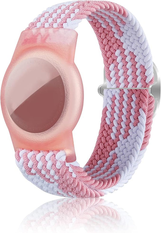 Kids Bracelet Compatible with AirTag, GPS Kid Tracker Holder Braided Wristband for Apple Air Tag, 2022 Upgraded Nylon Adjustable Anti Lost Airtag Watch Band for Kids Children Elders (White Pink)