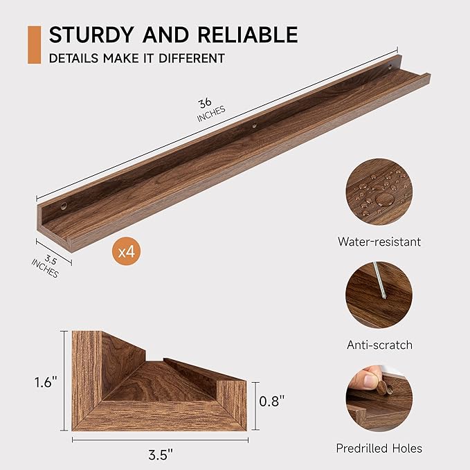 Picture Ledge Shelf for Wall, Floating Shelves Set of 4, 36 Inch Long Nursery Book Shelves for Toys Storage, Kids Bookshelf Wall Mounted for Books Photo Frames, Walnut