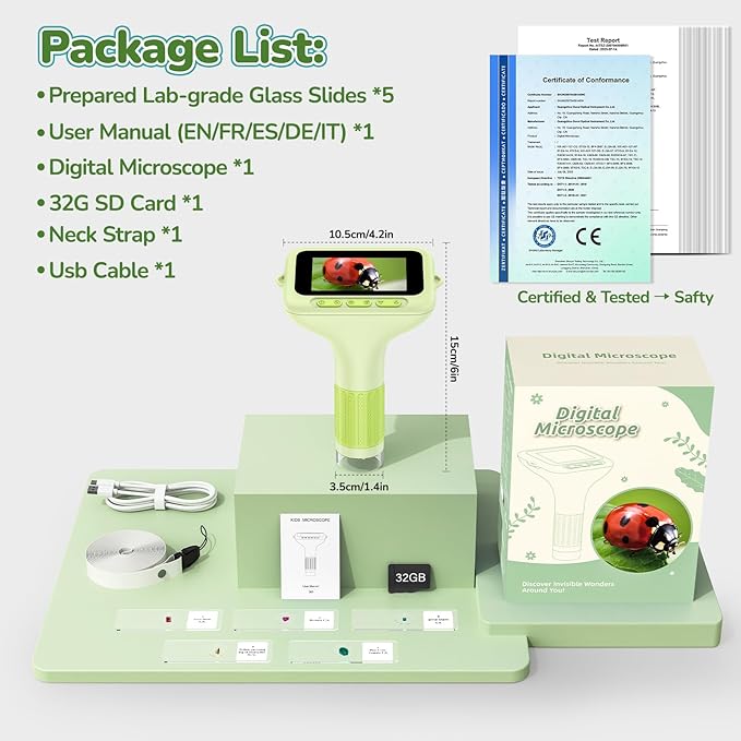 3.0" Screen Digital Microscope for Kids: 1000X Rechargeable Mini Pocket Portable Miniscope Magnifying Glass 4K Coin Jewelry Loupe Edu Science STEM Toy Xmas Gift 4-12 Boys Girls