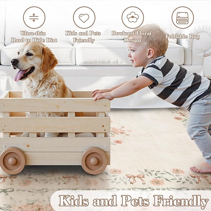 Wonnitar Floral Bow Washable Area Rug 5x7, Ultra-Thin Beige Rugs for Bedroom, Boho Non Shedding Neutral Soft Carpet for Nursey Kids Room Dorm Living Room, Beige