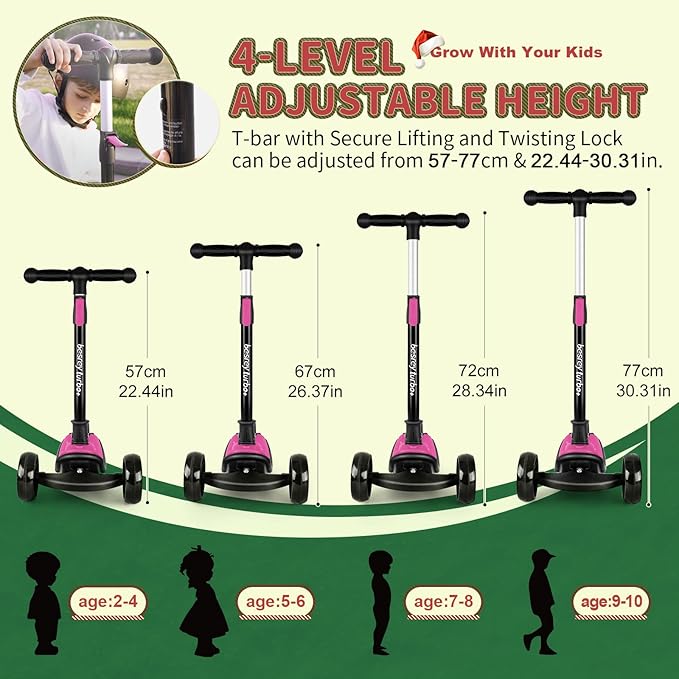 Besrey Kick Scooter for Kids Ages 3-10, 3-Wheel Folding Scooter with Adjustable Height, LED Light Wheels, Extra Wide Deck for Outdoor Activities