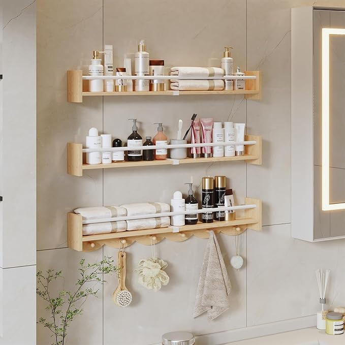 Nursery Bookshelves Wall Mounted，34inch，Set of 3, Floating Shelf Kids Coat Rack with 6Hooks,Hanging Shelf for Baby Nursery Room Décor, Patent Number: 29924445,Burlywood