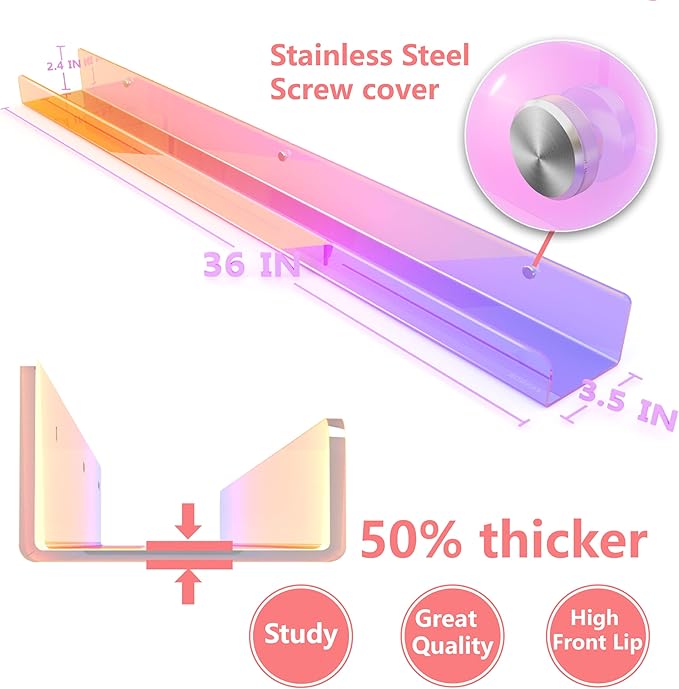 36 inches Iridescent Acrylic Floating Shelf,Wall Mounted Kids Bookshelf, Display Book Shelves for Kids Nursery Toddler Classroom 2 Packs