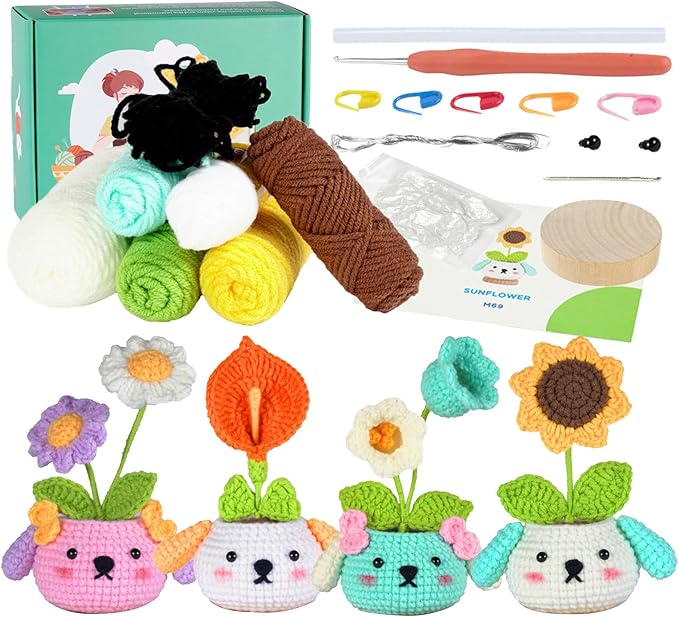 RoseFlower Crochet Kit for Beginners, 4 Pack Potted Plants Crochets Starter Kits with Step-by-Step Video Tutorials, DIY Craft Knitting Crochet Animals Set for Kids Adult